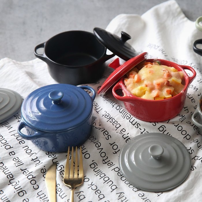 Set of 4 Lifver 7oz Porcelain Casserole Dish/Mini Casserole Set, Cherry Red & Orange, Round. N3
