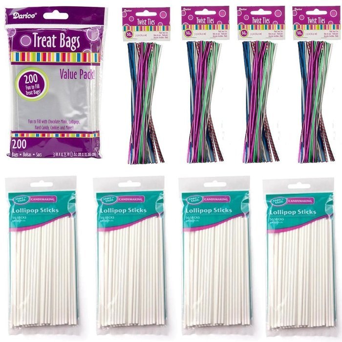 6" Lollipop Sticks, Treat Bags and Twist Ties - Makes 200 Cake Pops, Candy Pops or Lollipops - Starter Kit