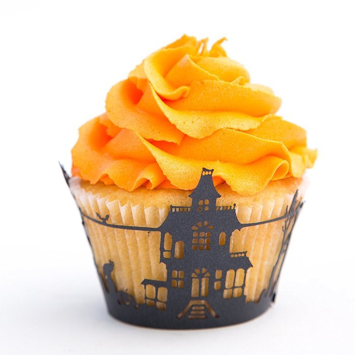 Cupcake Wrappers Haunted House x50pcs. 3 Halloween wraps to choose in shimmering black (Scary Houses) N5