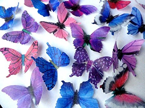 PURPLE PINK & BLUE Small Assorted Set of 12 Edible Butterflies - Cake and Cupcake Toppers, Decorations N4
