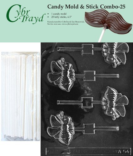 Cybrtrayd 45St25-A054 Bee Lolly Chocolate Candy Mold with 25 Cybrtrayd 4.5" Lollipop Sticks