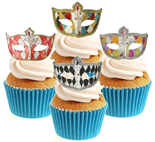 Novelty Masquerade Mask Harlequin Mix 12 Edible StandUp wafer paper cake toppers N2