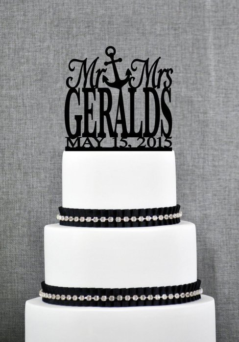 Mr and Mrs Last Name Cake Topper with Anchor and Date Mr and Mrs Cake Topper Nautical Wedding Cake Topper Navy...