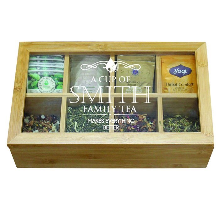 Personalized Wooden Tea Box Storage Organizer Caddy and Tea Bag Holder, Engraved Gift for Housewarming, Kitchen... N3