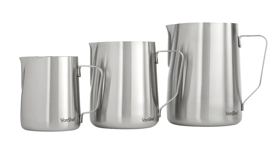 VonShef Stainless Steel Milk Pitcher Suitable for Coffee, Latte & Frothing Milk, Available in 12-Oz, 20-Oz and... N6