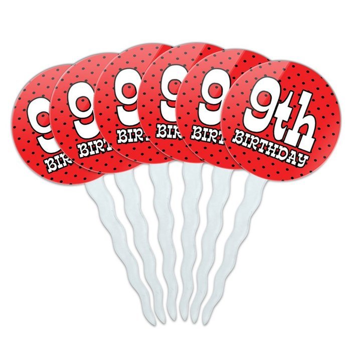 Set of 6 Cupcake Picks Toppers Decoration Birthday Party Red Black Polka Dots - 90 Ninety N11