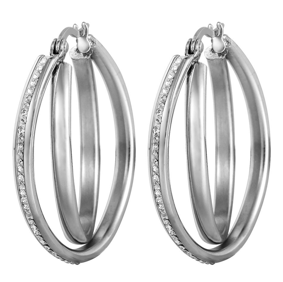 HooAMI Stainless Steel Womens Double Oval Hoop Earrings with Clear CZ Crystal N8