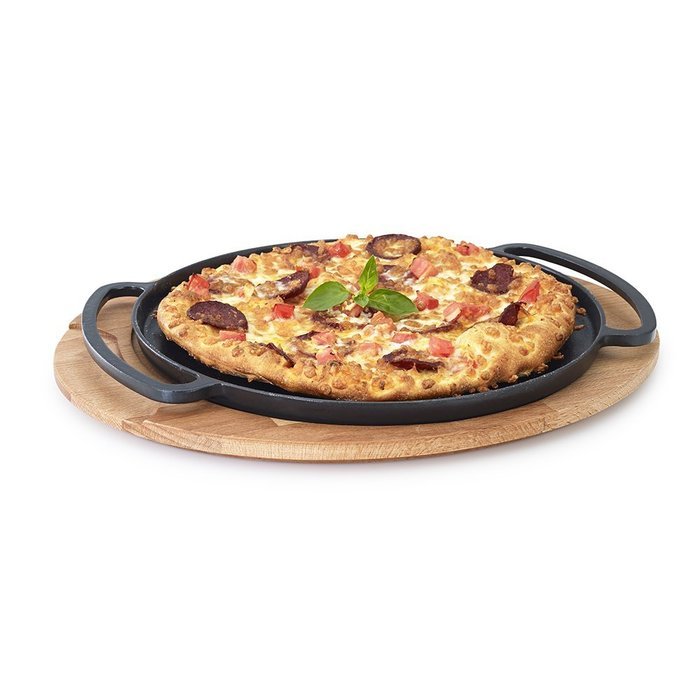Essenso Chambery Specialty Cast Iron Pizza Pan with Wooden Trivet Tray with Four-Layer Enamel Interior and Exterior...