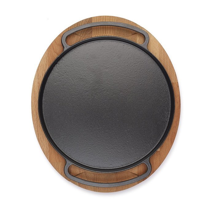 Essenso Chambery Specialty Cast Iron Pizza Pan with Wooden Trivet Tray with Four-Layer Enamel Interior and Exterior... N2