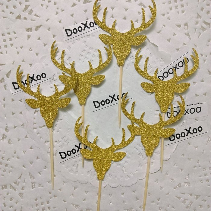 DOOXOO Deer Cupcake Toppers, Deer Party, Hunting Cake Topper,Gold Glitter,Animal Party Favors,Deer Decor,Cake... N8