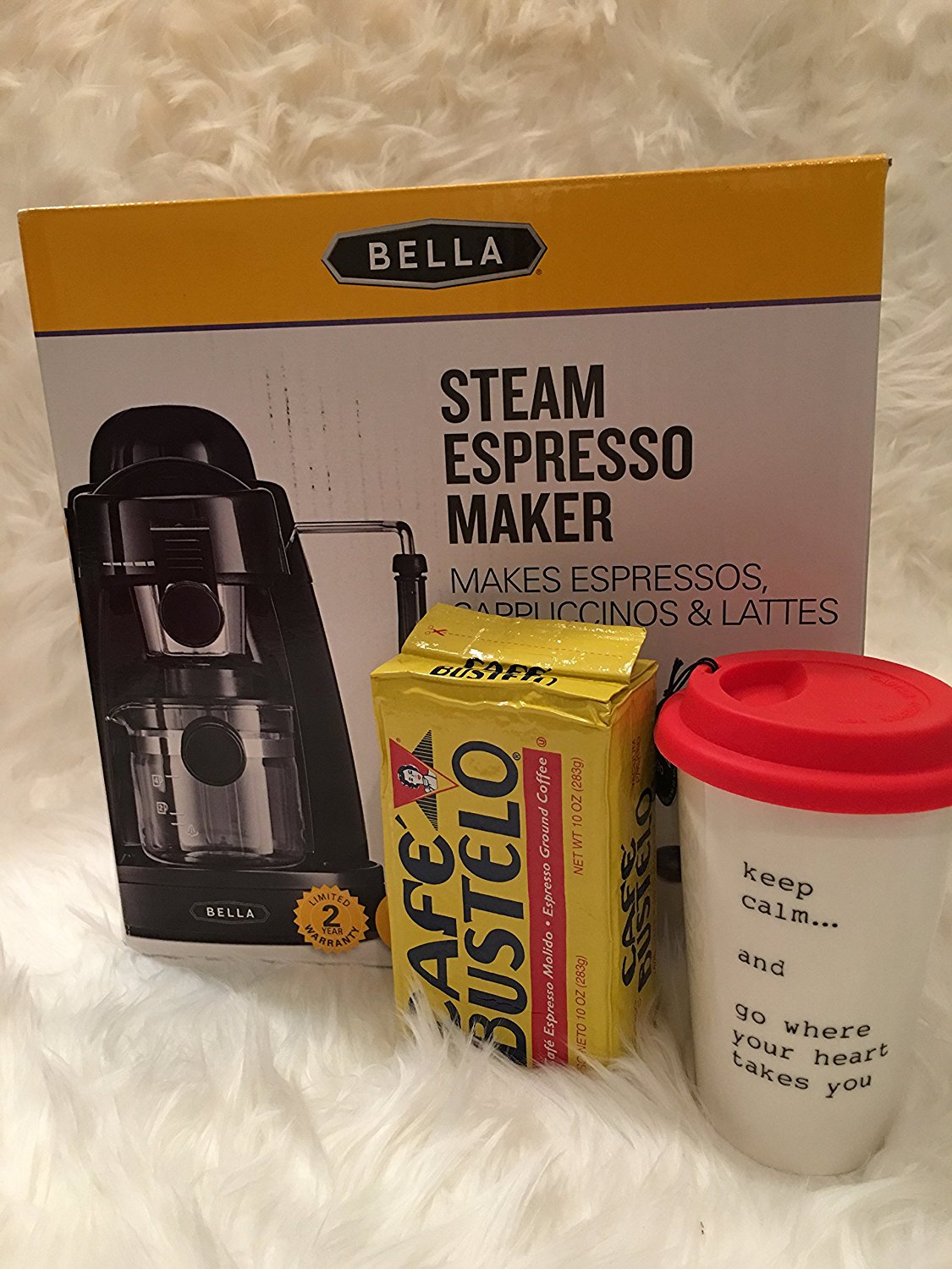 Bella Steam Espresso Maker,10 oz ceramic Mug and Cafe Bustelo Espresso