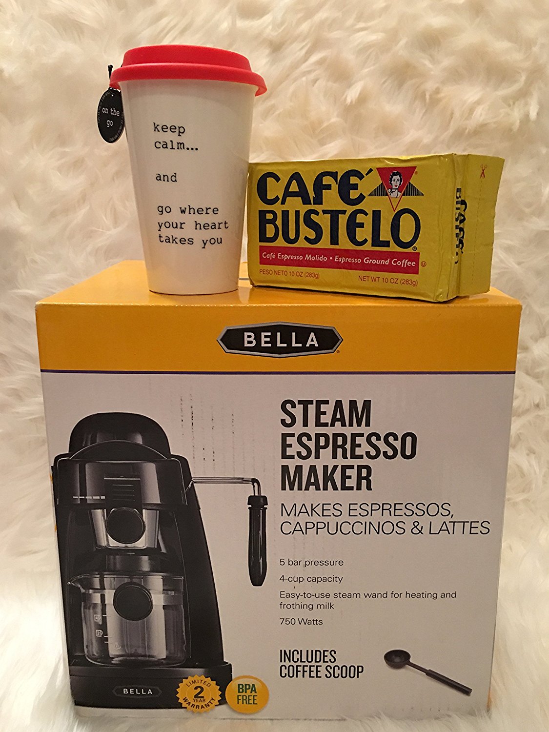 Bella Steam Espresso Maker,10 oz ceramic Mug and Cafe Bustelo Espresso ...