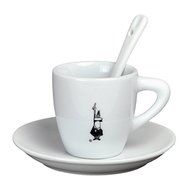 Bialetti Classic Italian Espresso Cup and Saucer with Spoon Set in Porcelain, White