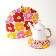 Northern European Style Pink Flowered Cotton Cloth Tea Cozy with Teapot Coaster Handmade by Japanese Craftsman... N3