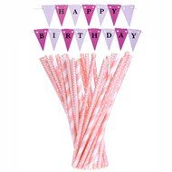 eBoot Pink Paper Straws 3 Patterns 75 Pieces with Happy Birthday Banner N4