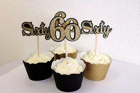 All About Details Black &amp; Gold Sixty Cupcake Toppers, Set of 12 N2