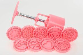 Mooncake Mold Set with 9 Disc Cartoon Pattern (Pink Mold)