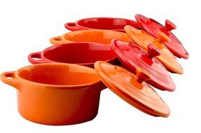 Set of 4 Lifver 7oz Porcelain Casserole Dish/Mini Casserole Set, Cherry Red & Orange, Round. N4