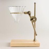 Brass Pour Over Drip Coffee Maker Dripper Stand with Wood Base N3