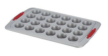 Cake Boss Deluxe Nonstick Bakeware 24-Cup Mini Muffin Pan, Gray with Red Silicone Grips N2