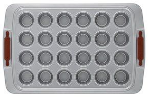 Cake Boss Deluxe Nonstick Bakeware 24-Cup Mini Muffin Pan, Gray with Red Silicone Grips N3
