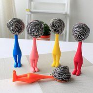 BeautyMood 4 Pcs Shy Villain Shape Scrub Buds Cleaning Ball Cleaning Brush Steel Wire Ball Poleaxe Cup Brush Pot...