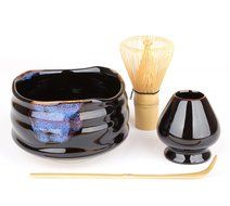 Goodwei Premium Matcha Tea Set "Kuro" - Ceremonial Bowl Chawan, Whisk and Holder - Gift Box (80 - white bamboo) N3