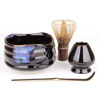 Goodwei Premium Matcha Tea Set "Kuro" - Ceremonial Bowl Chawan, Whisk and Holder - Gift Box (80 - white bamboo) N4