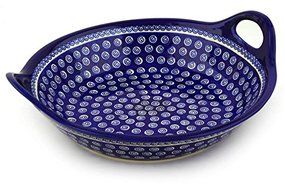 Polish Pottery Bowl with Handles 16-inch Cobalt Swirl N2