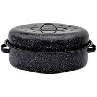 15" Oval Carbon Steel Construction Roaster with Lid, Black