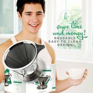 Pour Over Coffee Filter - Stainless Steel Drip Cone Dripper with Stand. Paperless, Reusable, Dual Filter Micro-Mesh... N7