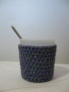 Handmade Crochet Ice Cream Pint Cozy in Blue, Purple and Green Tweed N4