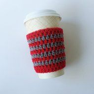 Cafe Latte Cozy, Crochet Coffee Sleeve, Striped Coffee Cup Sleeve, Red and Grey Cup Cozy, Coffee Cozy