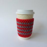 Cafe Latte Cozy, Crochet Coffee Sleeve, Striped Coffee Cup Sleeve, Red and Grey Cup Cozy, Coffee Cozy N2