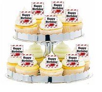 CakeSupplyShop Item#24277 24pk Fire Engine Happy Birthday Edible Cupcake Decoration Toppers / Picks