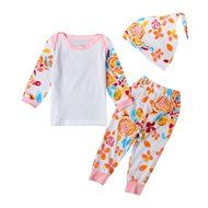Clothes Set ,BeautyVan Newborn Baby Kid Flowers Print Long Sleeve Tops +Stripe Pants Cap Outfits Set (6M, White) N4