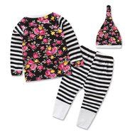 Clothes Set ,BeautyVan Newborn Baby Floral Print Long Sleeve Tops +Stripe Pants Hat Outfits Set Clothes (6M, Black) N4