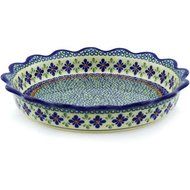 Polish Pottery Fluted Pie Dish 11-inch Gingham Flowers N4