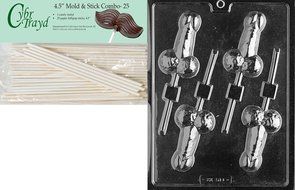 Cybrtrayd 45St25-XX511 Medium Pecker Pop Chocolate Candy Mold with 25 Lollipop Sticks, 4.5-Inch
