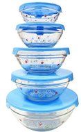 Imperial 5 Pcs Glass Nested Dipping or Storage Bowls with Blue Lids and Blue Flower Design