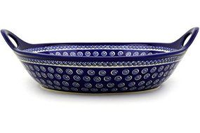 Polish Pottery Bowl with Handles 16-inch Cobalt Swirl N3