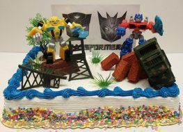 Transformers 10 Piece Birthday Cake Topper Set Featuring Bumblebee and Optimus Prime Figures with Themed Decorative... N3