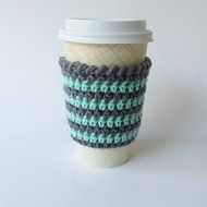 Cafe Latte Cozy, Crochet Coffee Sleeve, Striped Coffee Cup Sleeve, Mint and Grey Cup Cozy