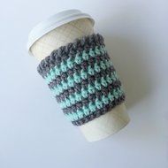 Cafe Latte Cozy, Crochet Coffee Sleeve, Striped Coffee Cup Sleeve, Mint and Grey Cup Cozy N2