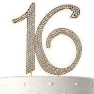 Sweet 16 Rhinestone Cake Topper for 16th Birthday or Anniversary (Gold) by BrightandBold