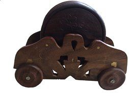 IndiaBigShop Wooden Drink Coasters Set of 6 in a Car Shaped Holder with Brass Inlay, Handicrafted by Indian Artician