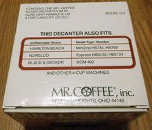 Mr Coffee D4 4 cup coffee replacement carafe BLACK N3