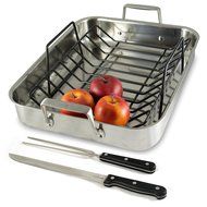 Culina Oven to Stove 16 Roaster Pan Tri-ply Stainless Steel with Non-stick Roasting Rack and Bonus Carving Set. N4