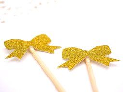 Gold Glitter Bow Pink Dress Cupcake Toppers for Birthday Parties Engagements Weddings Anniversaries Set of 25 N2