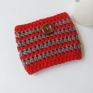 Travel Mug Cozy Striped Red and Grey Cup Wood Button N2